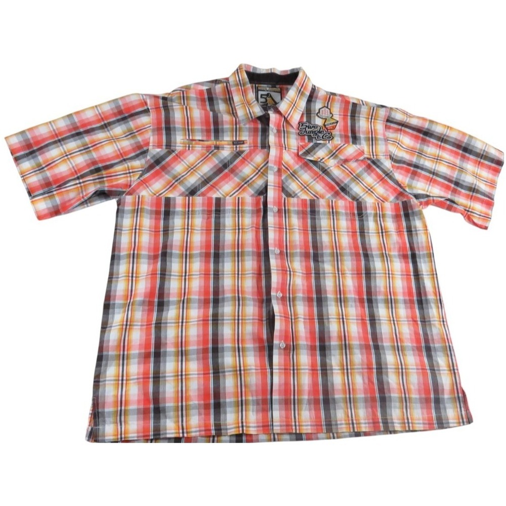 Five Jungle Y2K VTG Plaid Short Sleeve Graphic Button Up Shirt Men 4XL Skate Hip